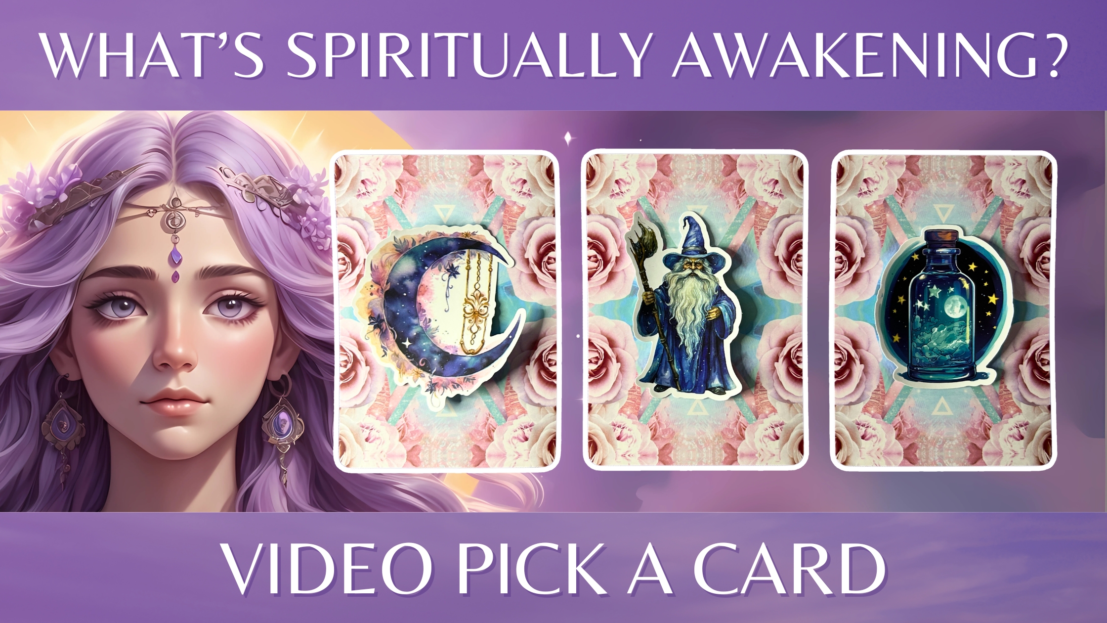 Three oracle pick a card piles: pile 1 - moon, pile 2 - wizard, and pile 3 - bottle