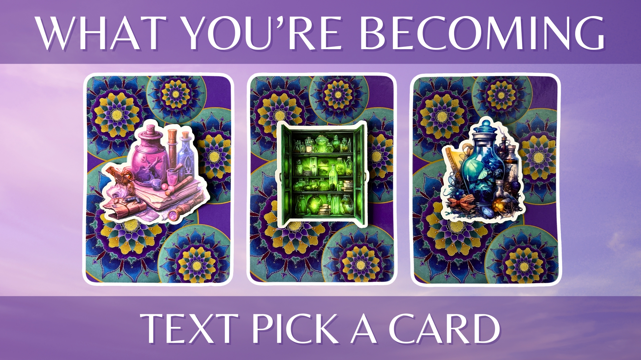 Three oracle pick a card piles: pile 1 - pink, pile 2- green, and pile 3 - blue