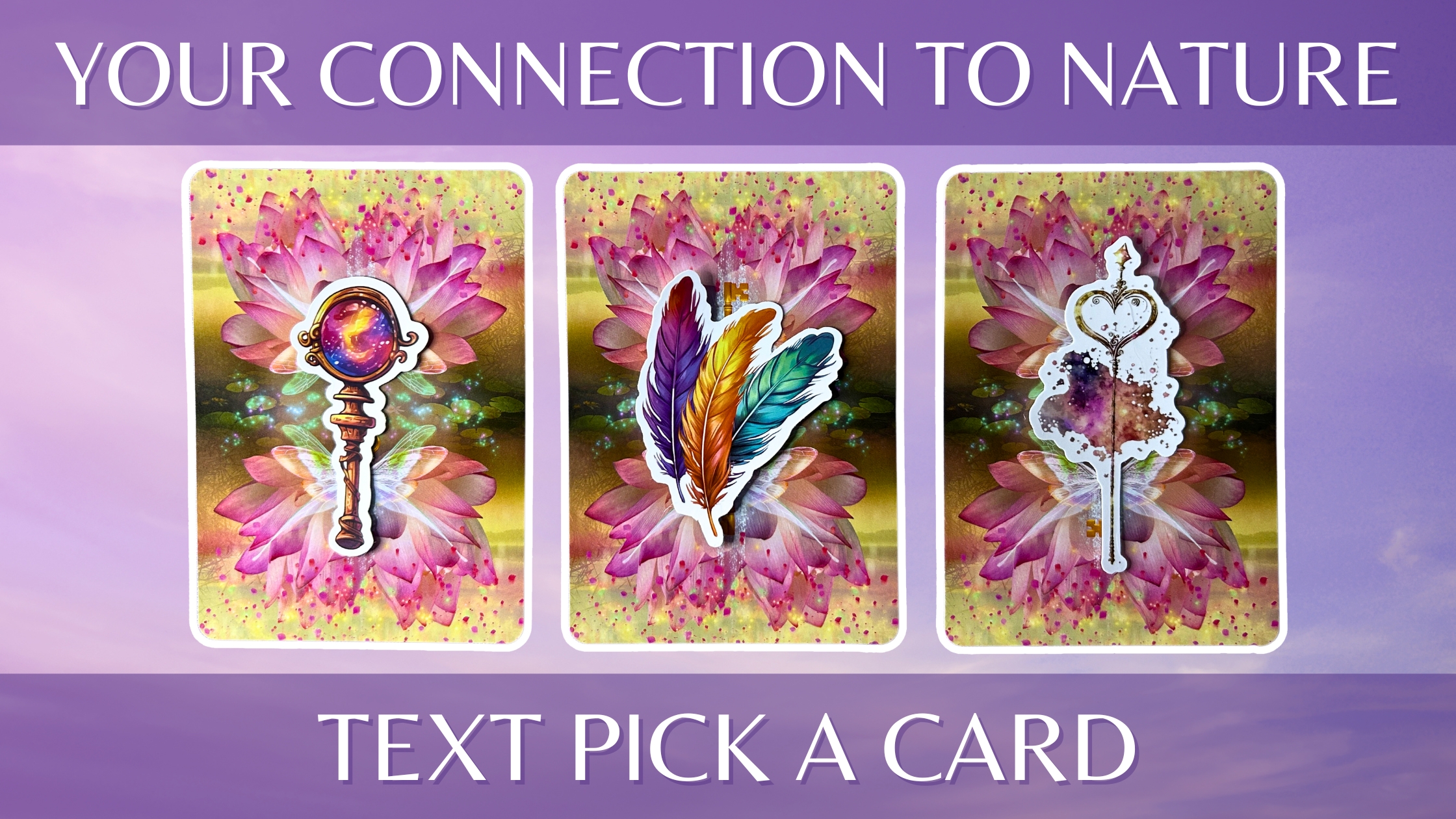 Three tarot oracle pick a card piles: pile 1 - glass portal, pile 2 - colored feathers, and pile 3 - magic key