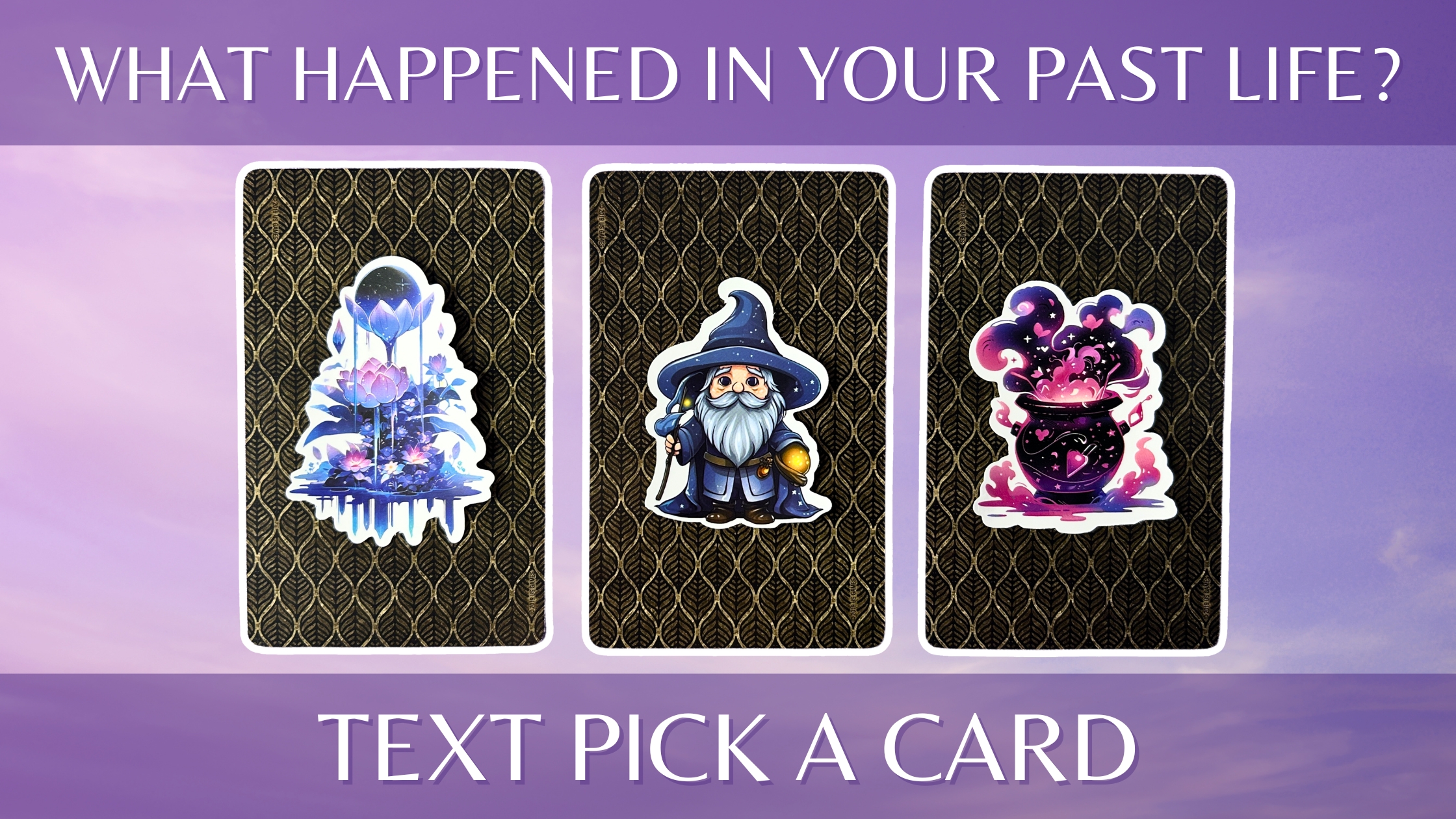 Three tarot pick a card piles: pile 1 - flowers, pile 2 - wizard, and pile 3 - cauldron