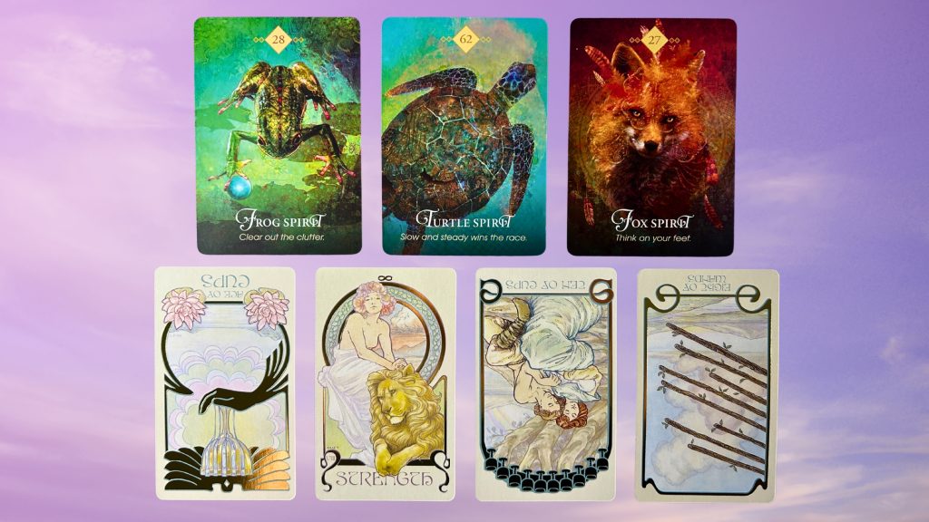 Cards from the Animal Spirit Oracle and the Ethereal Visions Illuminated Tarot deck