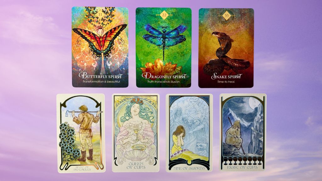 Cards from the Animal Spirit Oracle and the Ethereal Visions Illuminated Tarot deck