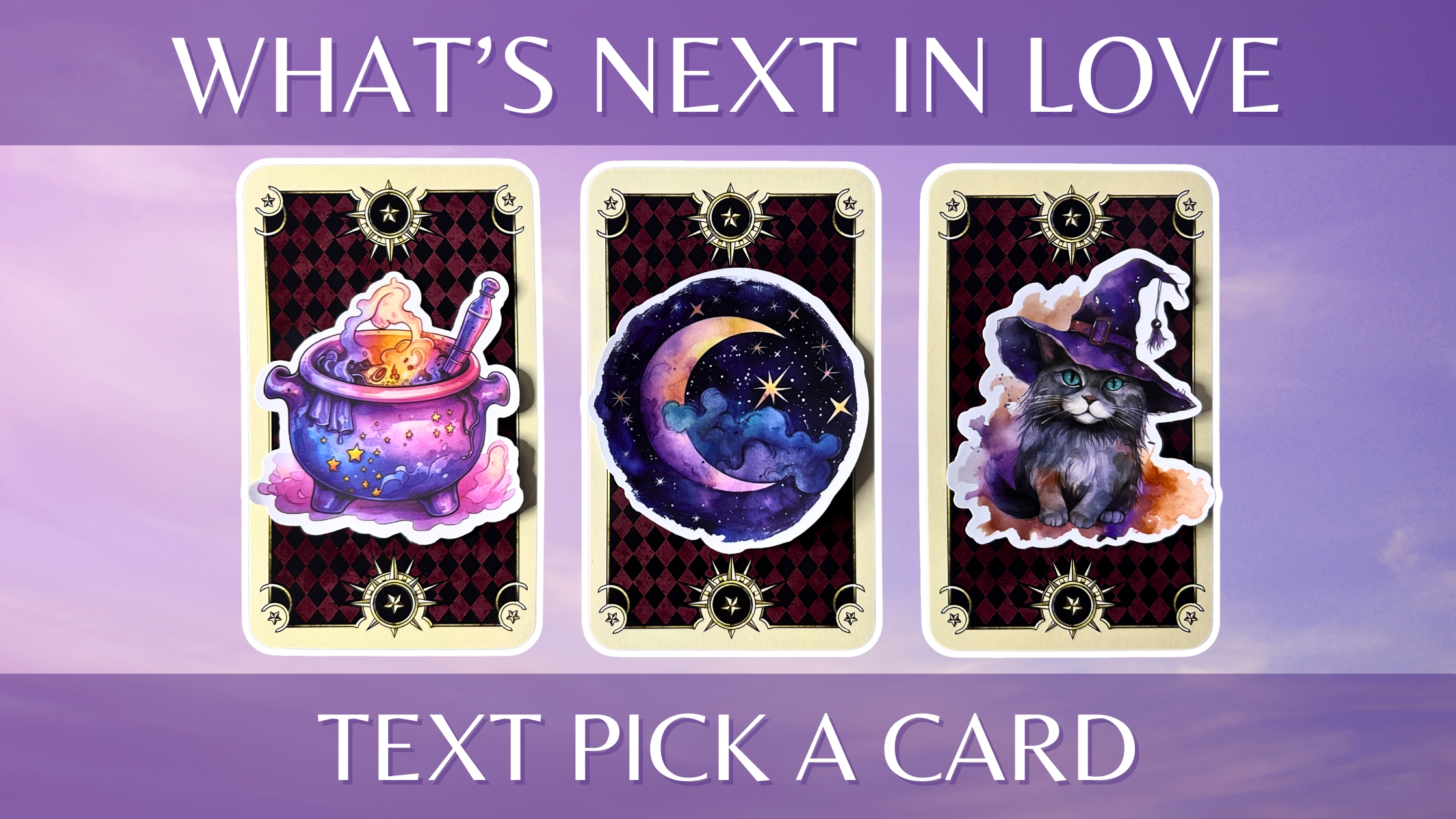 Three tarot pick a card piles: pile 1 - cauldron, pile 2 - moon, and pile 3 - cat