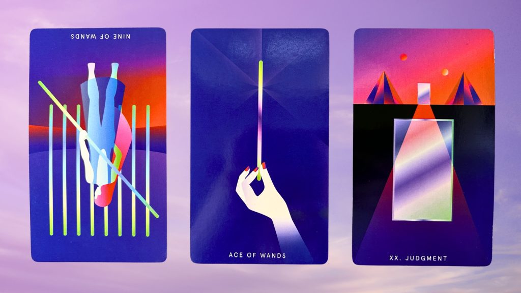 Cards from the Mystic Mondays Tarot deck: Nine of Wands, Ace of Wands, and Judgment