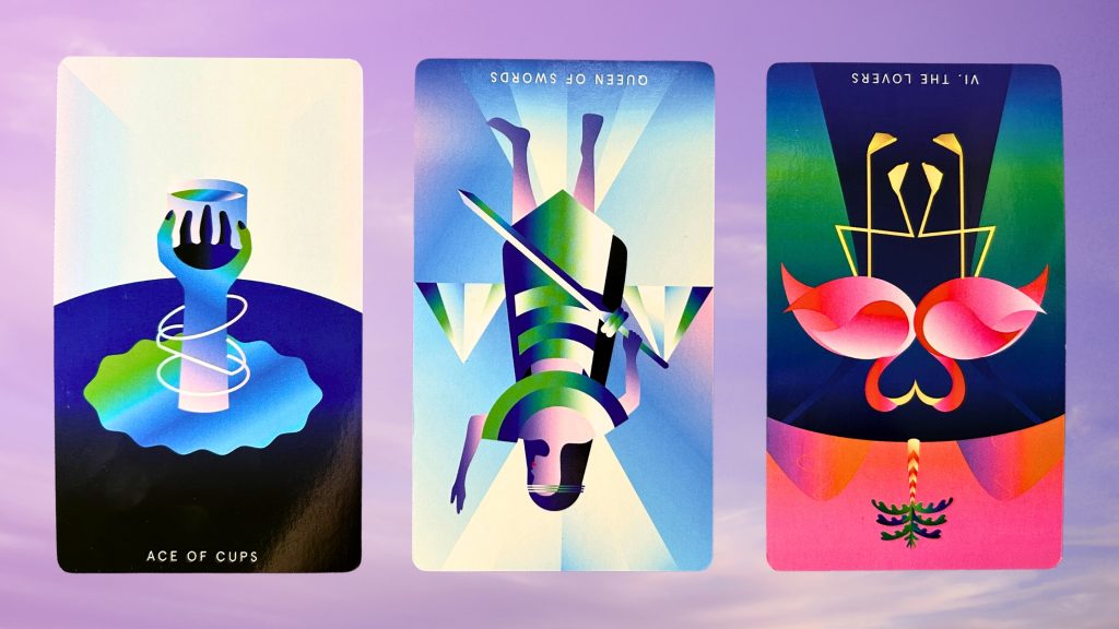 Cards from the Mystic Mondays Tarot deck: Ace of Cups, Queen of Swords, and The Lovers