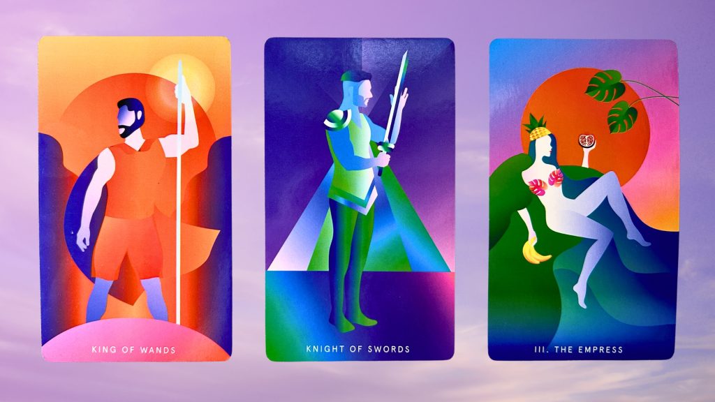 Cards from the Mystic Mondays Tarot deck: King of Wands, Knight of Swords, and The Empress