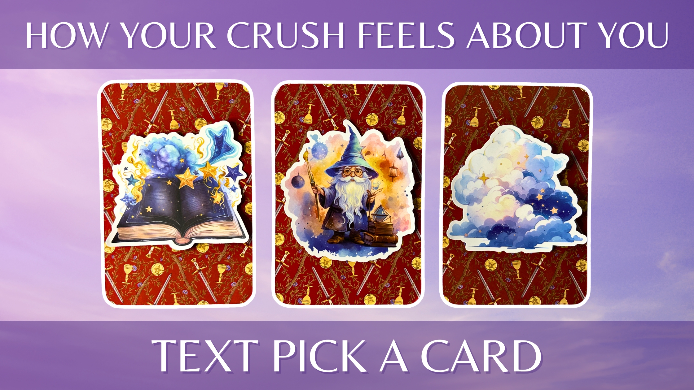 Three tarot pick a card piles: pile 1 - book, pile 2 - wizard, and pile 3 - clouds