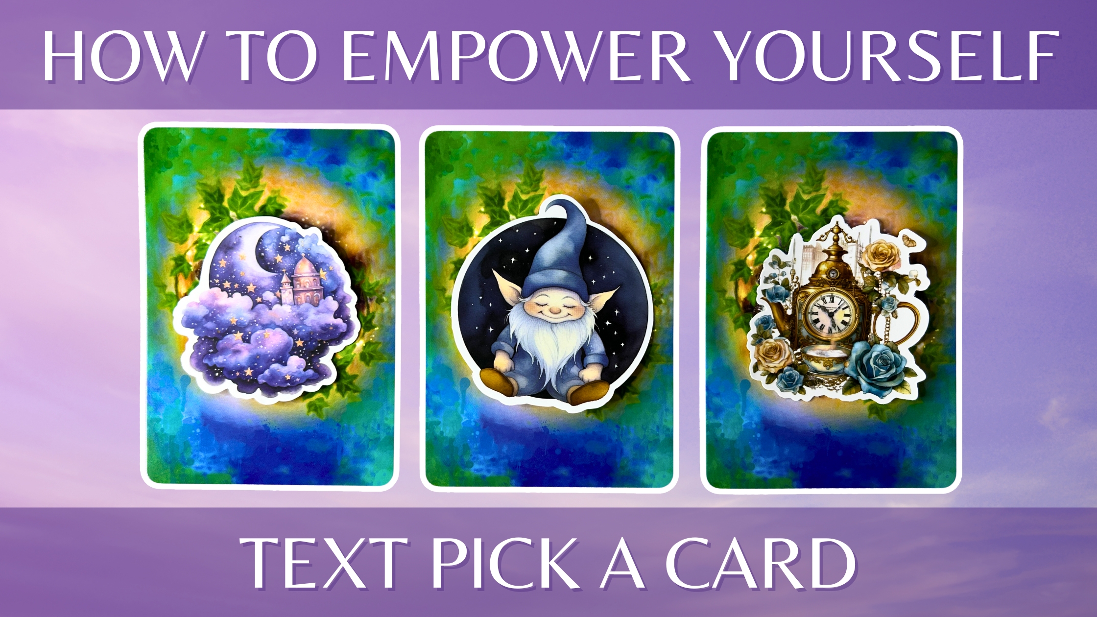Three oracle pick a card piles: pile 1 - sky, pile 2 - gnome, and pile 3 - teapot