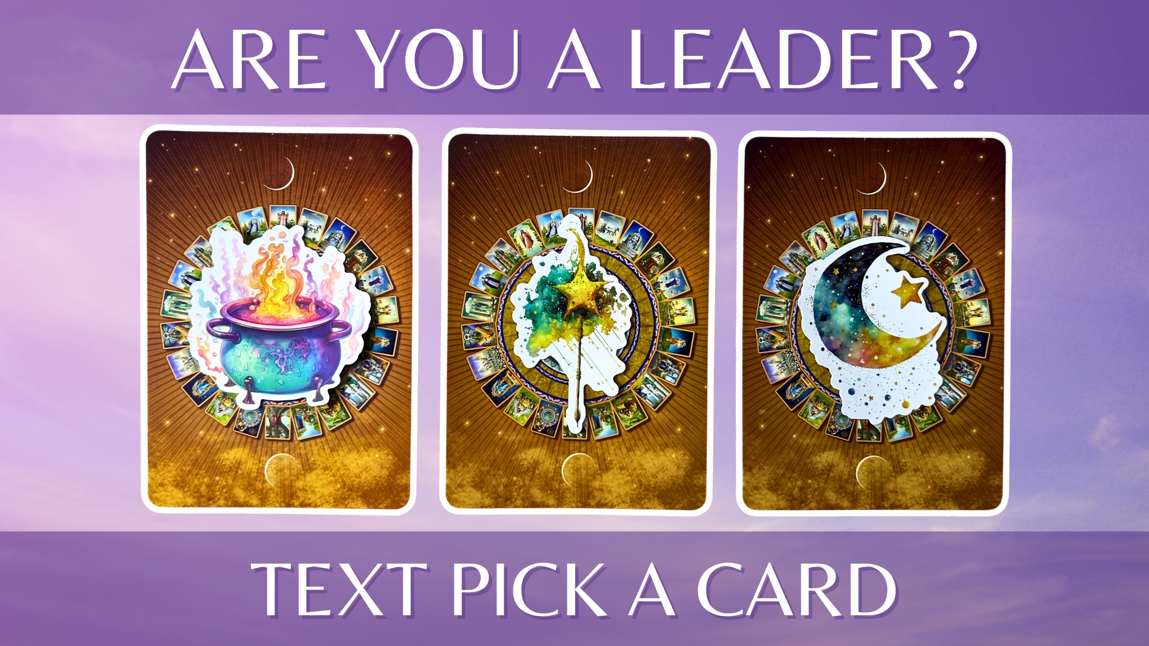 Three tarot pick a card piles: pile 1 - cauldron, pile 2 - wand, and pile 3 - moon