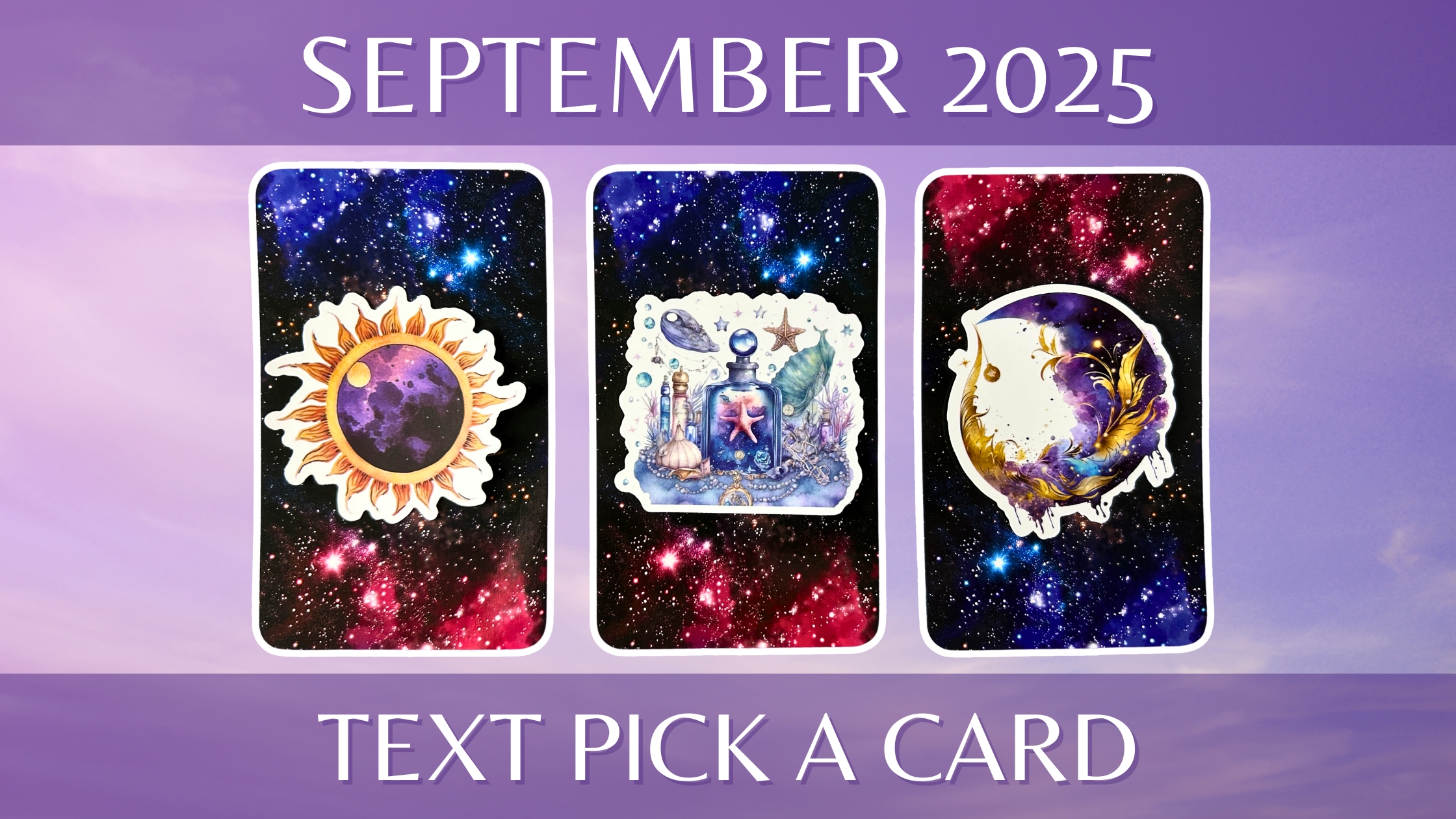 Three tarot pick a card piles from the Witches Tarot deck: pile 1 - sun, pile 2 - bottle, and pile 3 - moon