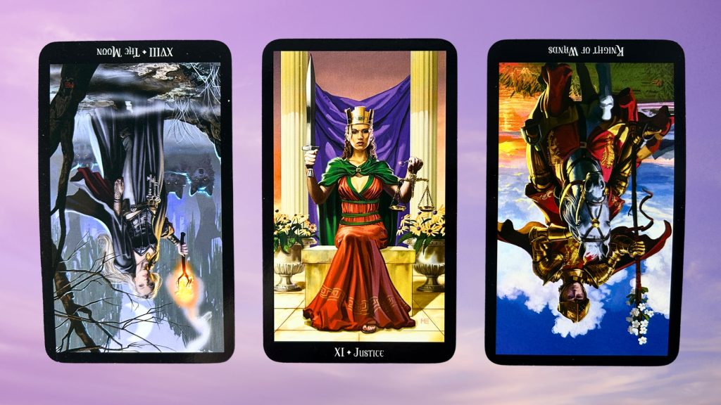 Cards from the Witches Tarot: The Moon, Justice, and Knights of Wands