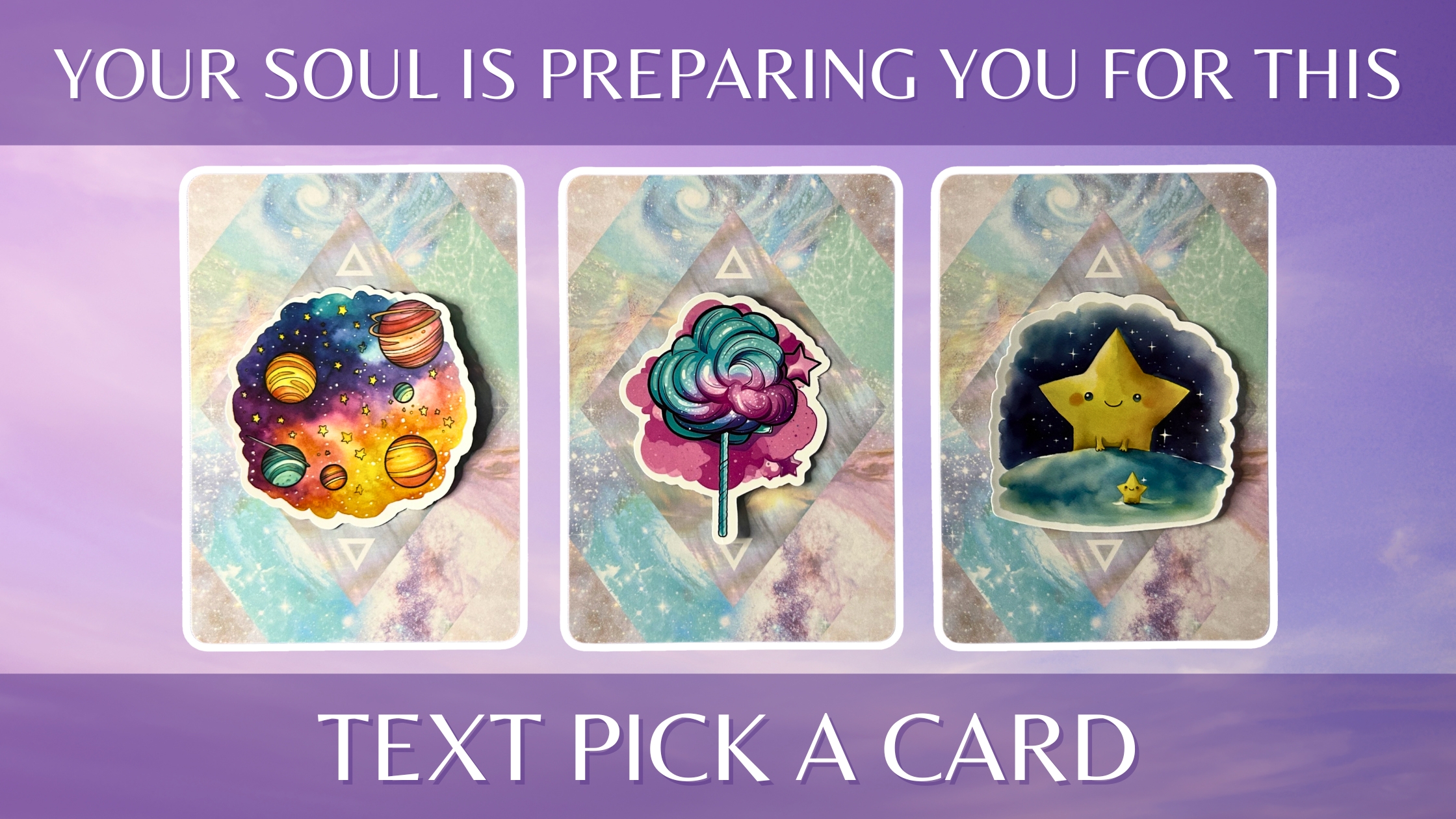 Three oracle pick a card piles from the Starseed Oracle deck: pile 1 - galaxy, pile 2 - lollipop, and pile 3 - star