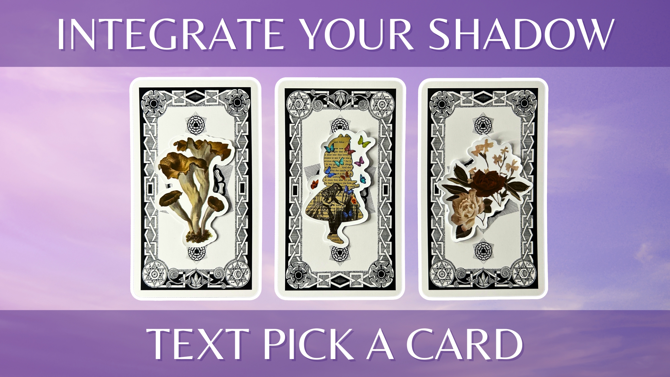 Three tarot pick a card piles from the Hermetic Tarot: pile 1 - mushrooms, pile 2 - silhouette, and pile 3 - roses