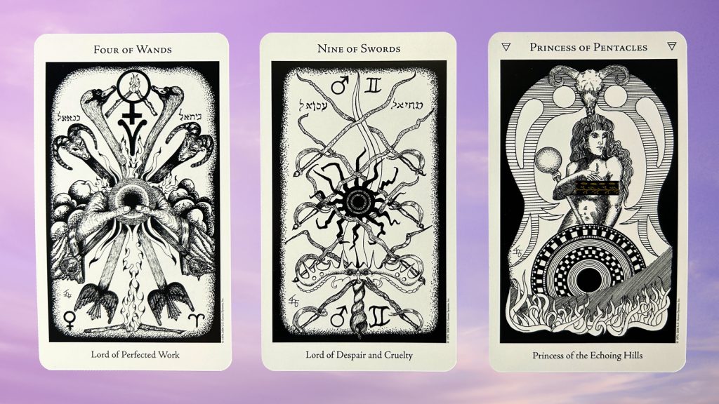 Cards from the Hermetic Tarot: Four of Wands, Nine of Swords, Princess of Pentacles