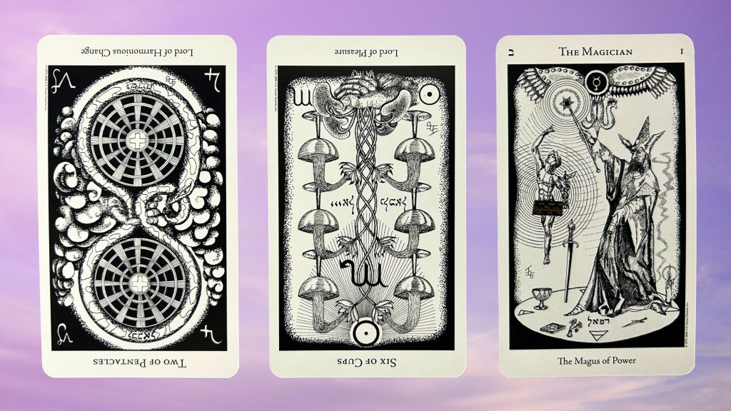 Cards from the Hermetic Tarot deck: Two of Pentacles, Six of Cups, and The Magician