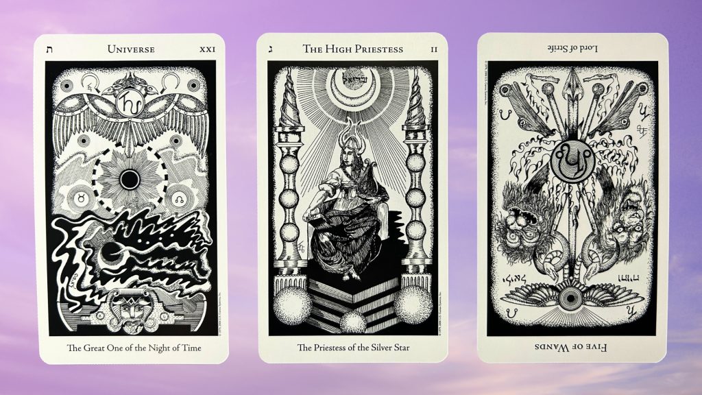 Cards from the Hermetic Tarot: Universe, The High Priestess, and Five of Wands