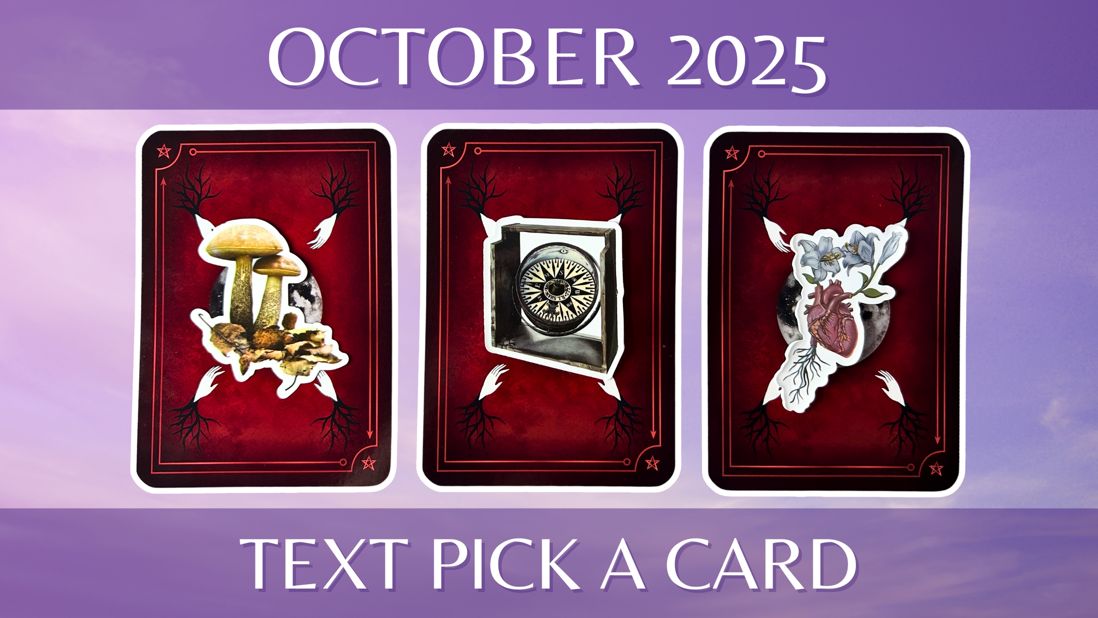 Oracle and tarot pick a card piles: pile 1 - mushrooms, pile 2 - compass, and pile 3 - heart