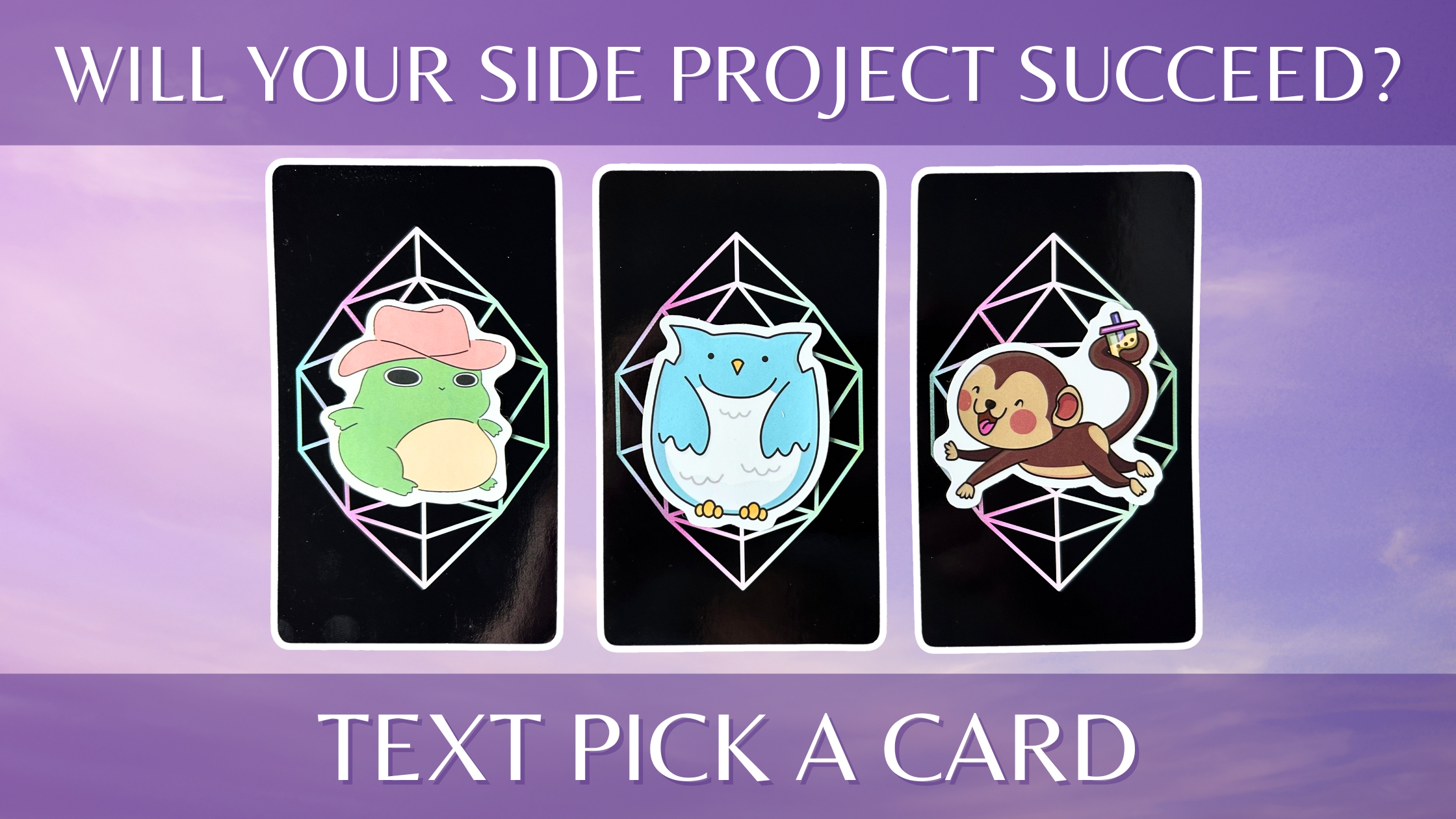 Three tarot pick a card piles: pile 1 - frog, pile 2 - owl, and pile 3 - monkey