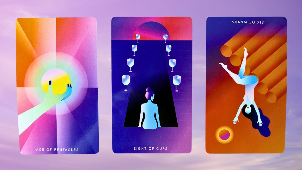 Cards from the Mystic Mondays Tarot deck: Ace of Pentacles, Eight of Cups, and Six and Wands
