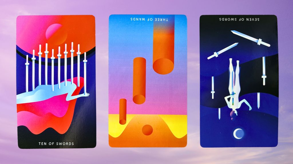 Cards from the Mystic Mondays Tarot deck: Ten of Swords, Three of Wands, and Seven of Swords
