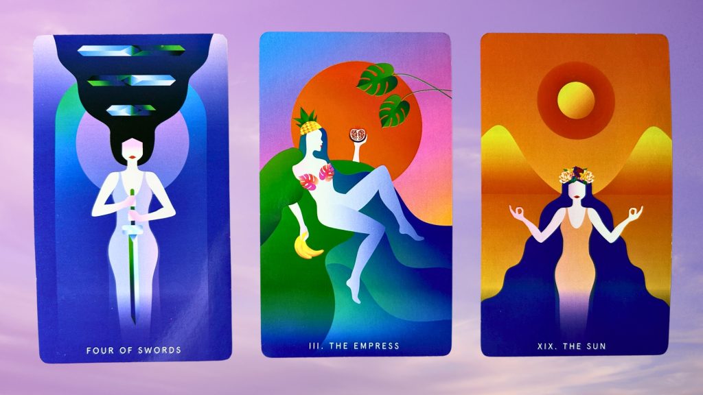 Cards from the Mystic Mondays Tarot deck: Four of Swords, The Empress and The Sun