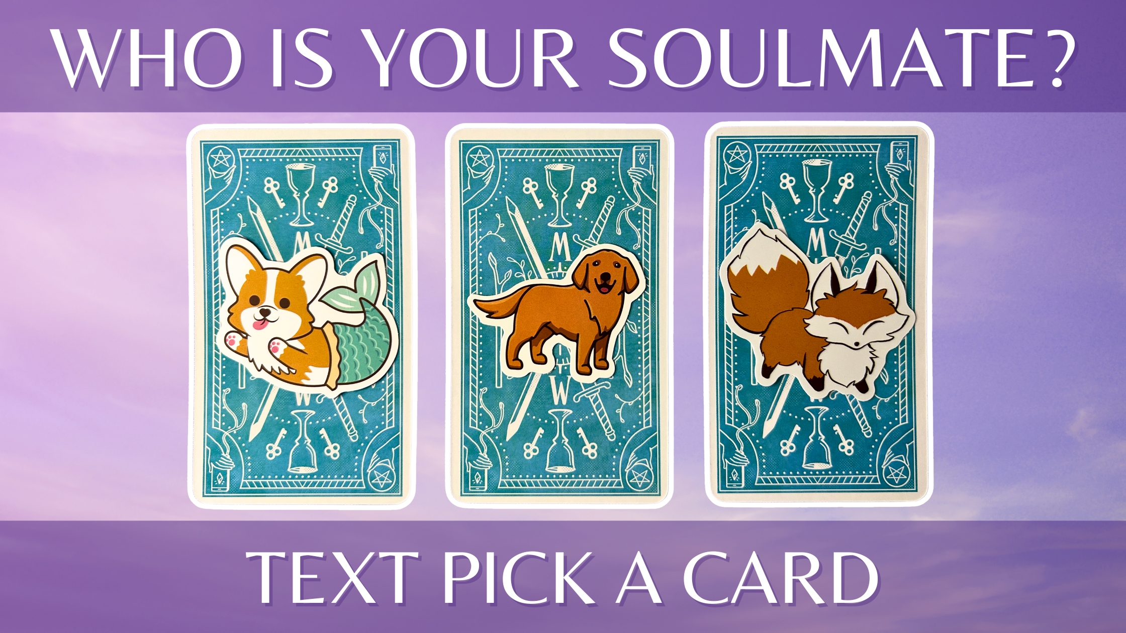 Three tarot pick a card piles from the Modern Witch Tarot deck: pile 1 - corgi mermaid, pile 2 - happy dog, and pile 3 - playful fox