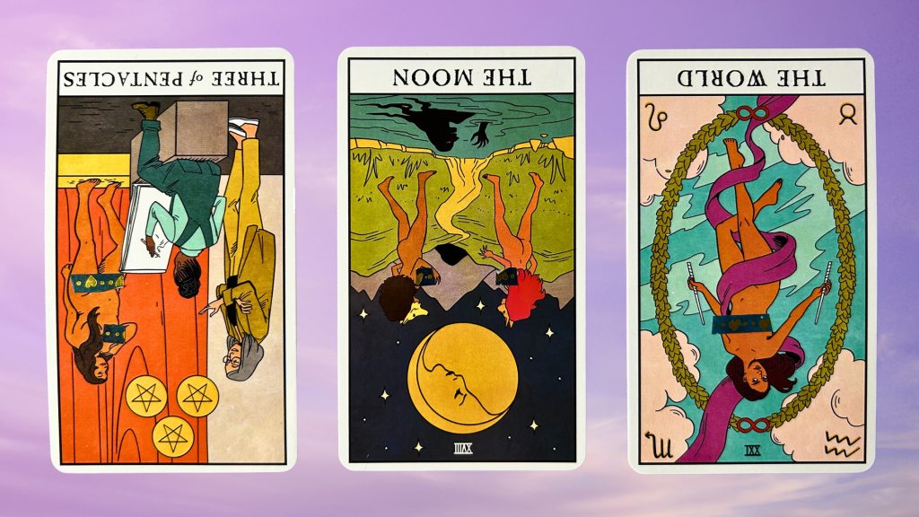 Cards from the Modern Witch Tarot: Three of Pentacles, The Moon, and The World