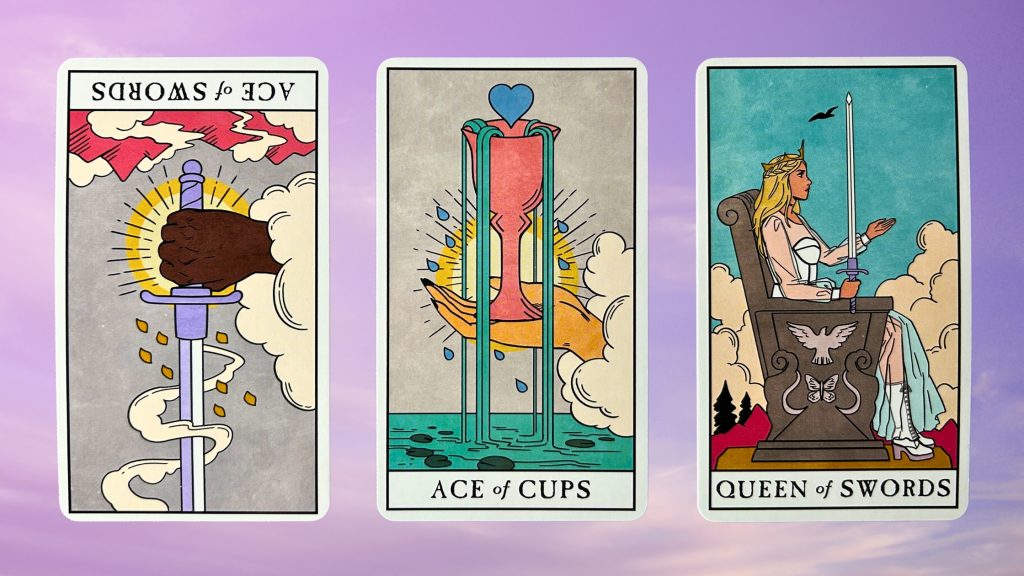 Cards from the Modern Witch Tarot: Ace of Swords, Ace of Cups, and Queen of Swords