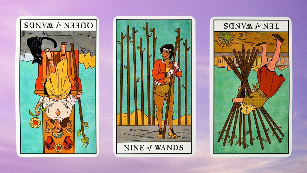 Cards from the Modern Witch Tarot deck: Queen of Wands, Nine of Wands, and Ten of Wands