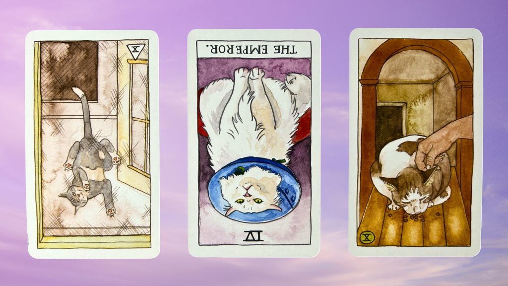 Cards from the Cat Tarot: Ten of Swords, The Emperor, and Ten of Pentacles