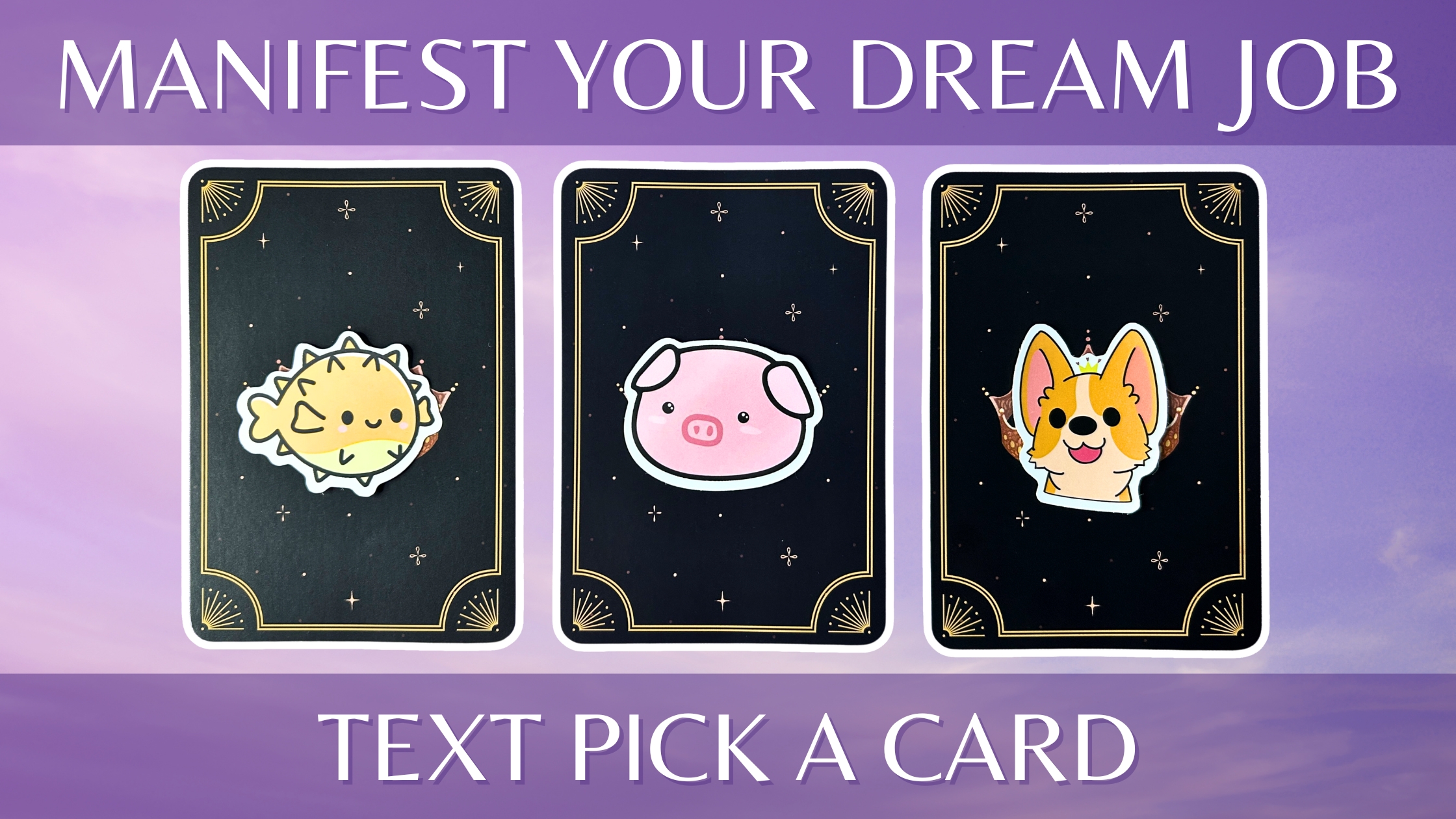 Three oracle pick a card piles: pile 1 - fish, pile 2 - pig, and pile 3 - corgi