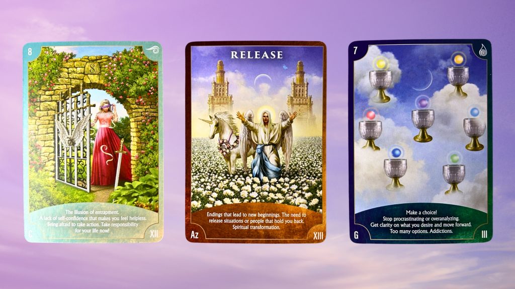 Cards from the Angel Wisdom Tarot deck: Eight of Swords, Release, and Seven of Cups