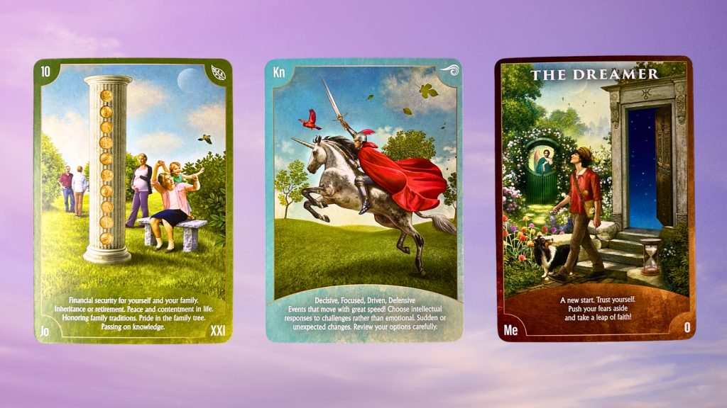Cards from the Angel Wisdom Tarot deck: Ten of Pentacles, Knight of Swords, and the Dreamer