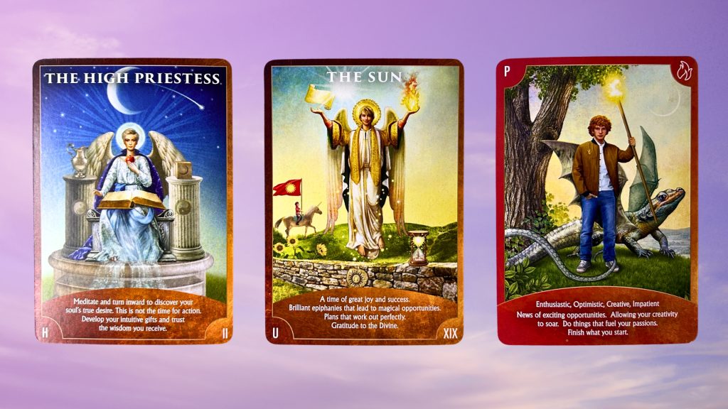 Cards from the Angel Wisdom Tarot deck: The High Priestess, The Sun, and Page of Wands