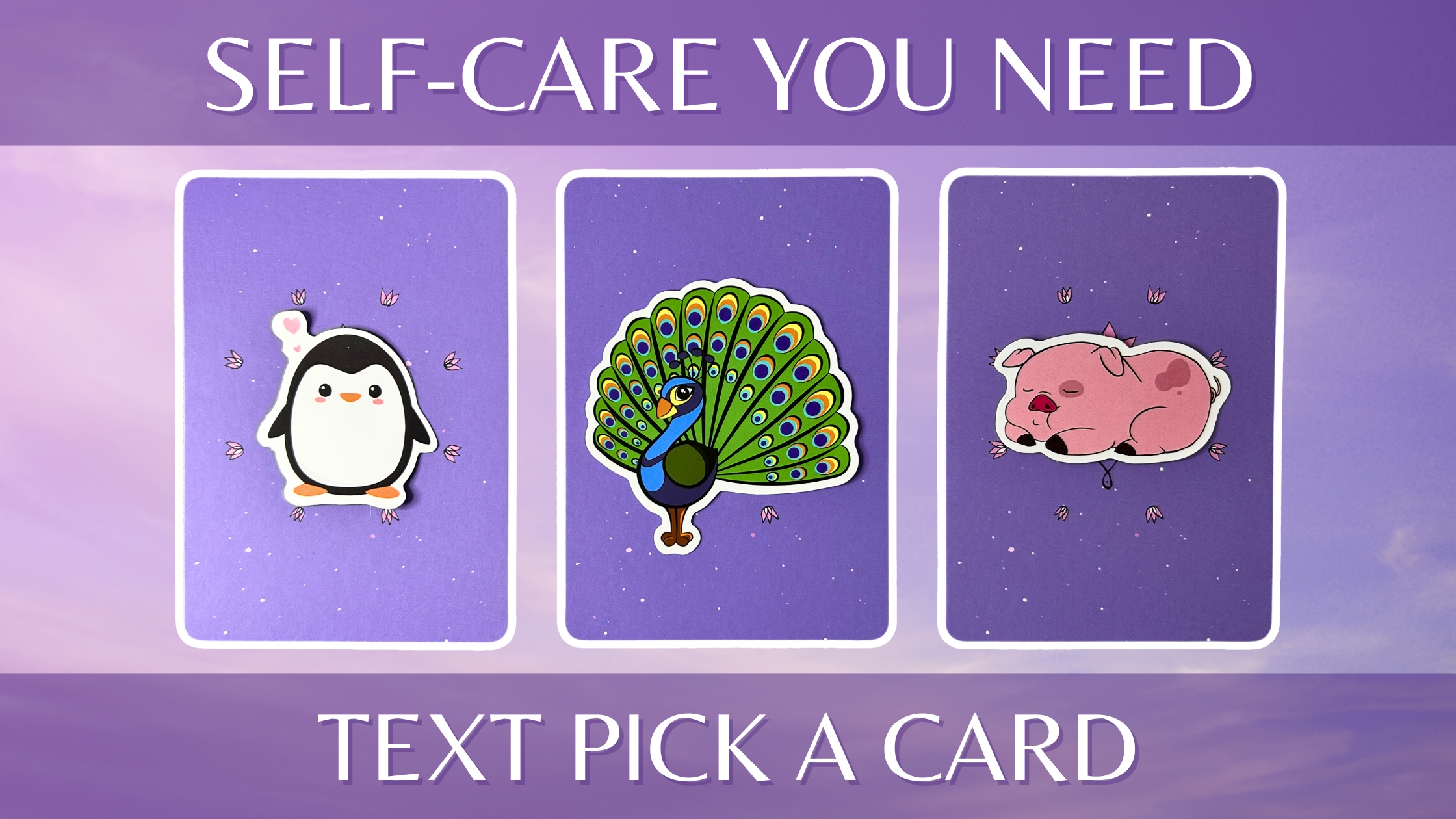Three oracle pick a card piles: pile 1 - penguin, pile 2 - peacock, and pile 3 - pig