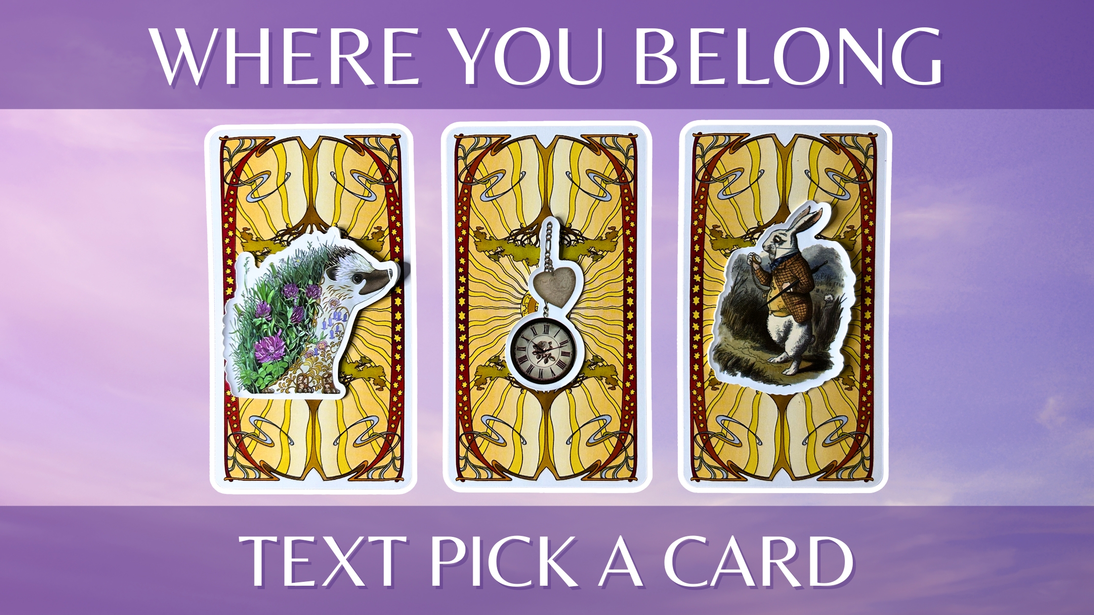 Three tarot pick a card piles: pile 1 - hedgehog, pile 2 - clock, and pile 3 - rabbit