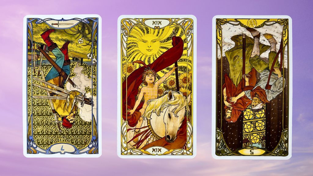 Cards from the Golden Art Nouveau Tarot deck: Seven of Swords, The Sun, and Five of Pentacles