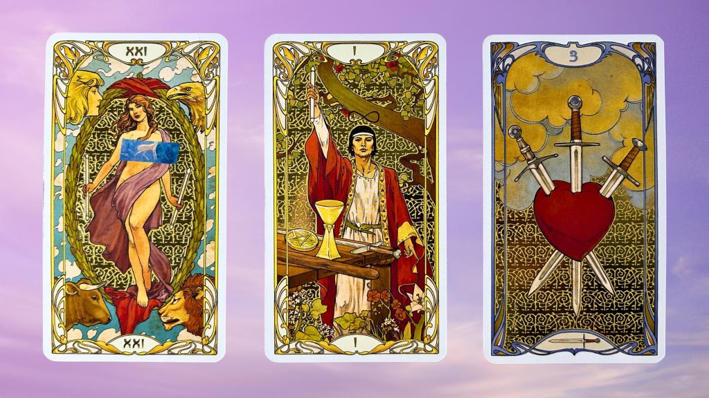 Cards from the Golden Art Nouveau Tarot deck: The World, The Magician, and the Three of Swords