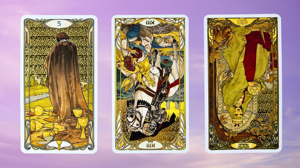 Cards from the Golden Art Nouveau Tarot deck: Five of Cups, Death, and Queen of Pentacles