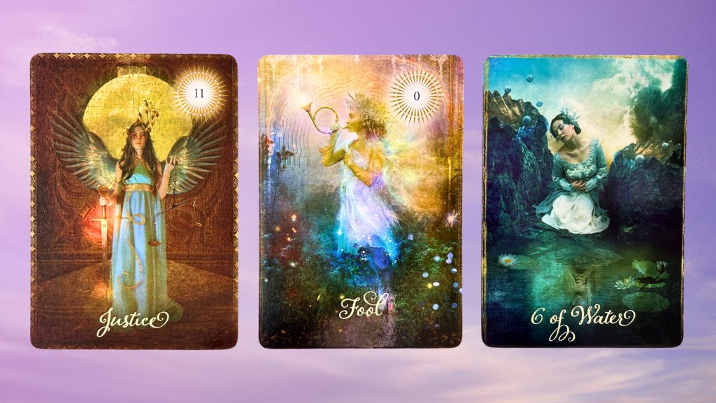 Cards from the Good Tarot: Justice, Fool, and Six of Water