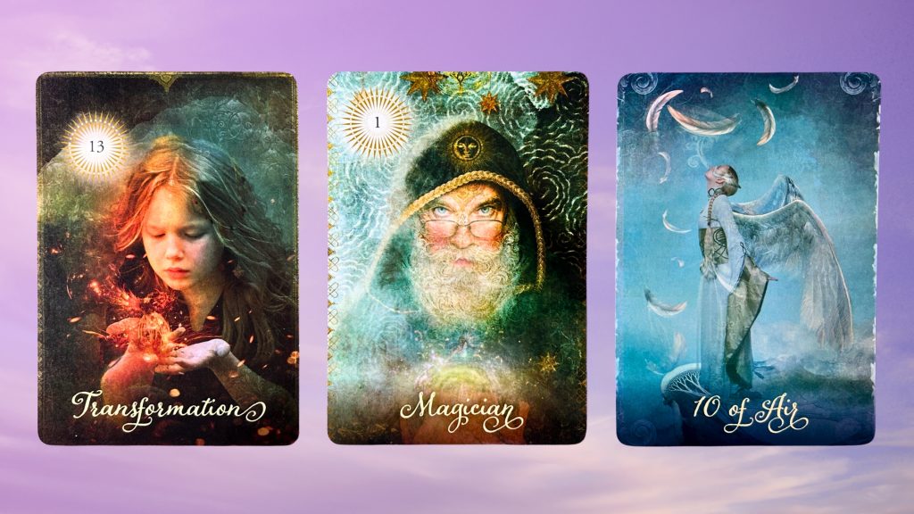 Cards from the Good Tarot: Transformation, Magician, and Ten of Air