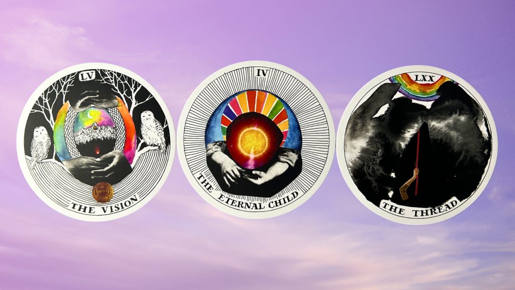 Cards from the Wild Unknown Archetypes Oracle deck: the vision, the eternal child, and the thread