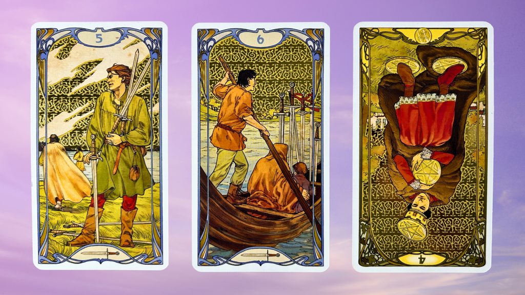 Cards from the Golden Art Nouveau Tarot deck: Five of Swords, Six of Swords, Four of Pentacles