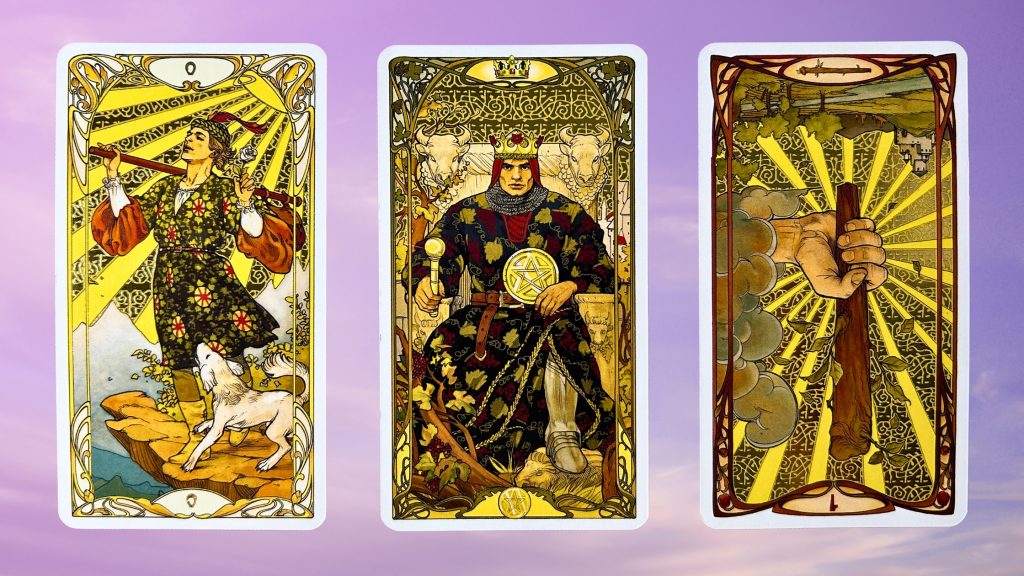 Cards from the Golden Art Nouveau Tarot deck: The Fool, King of Pentacles, and the Ace of Wands