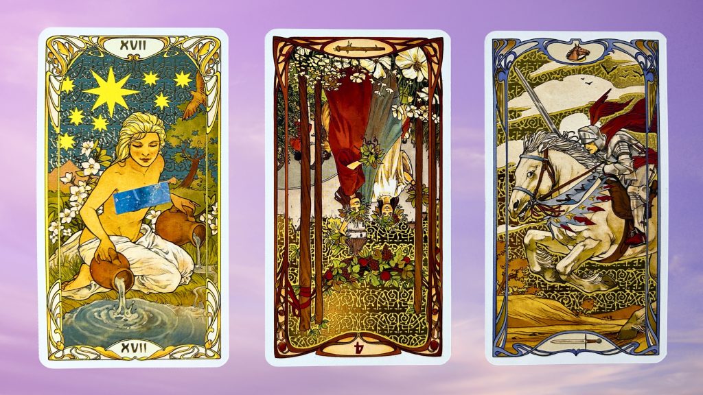 Cards from the Golden Art Nouveau Tarot deck: The Star, Four of Wands, and Knight of Swords