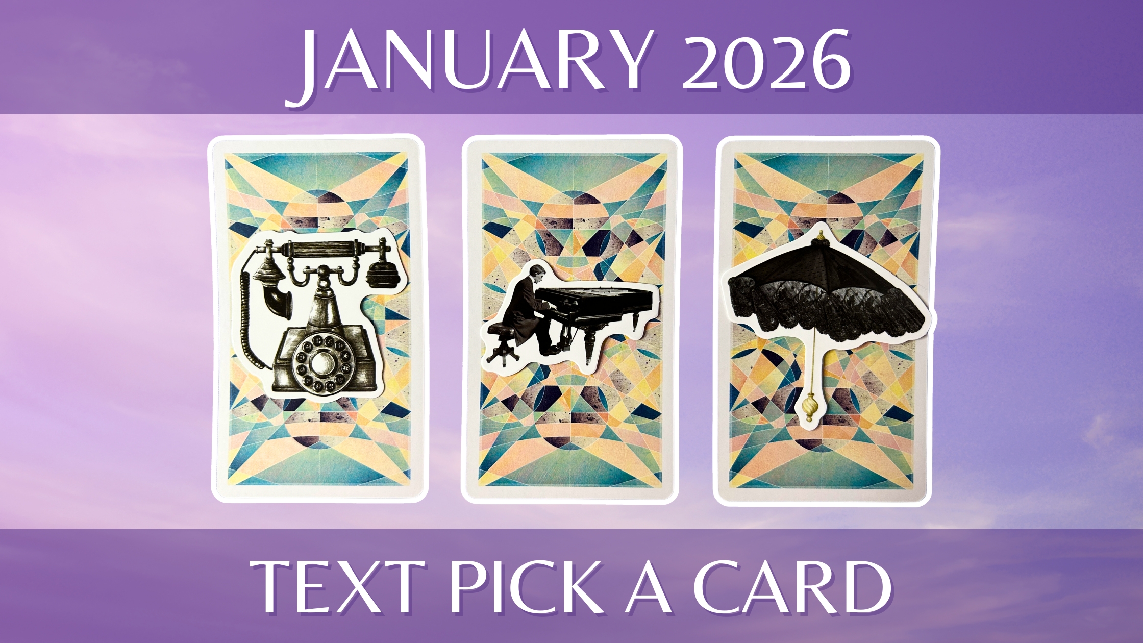 Three tarot and oracle pick a card piles: pile 1 - telephone, pile 2 - piano, and pile 3 - parasol