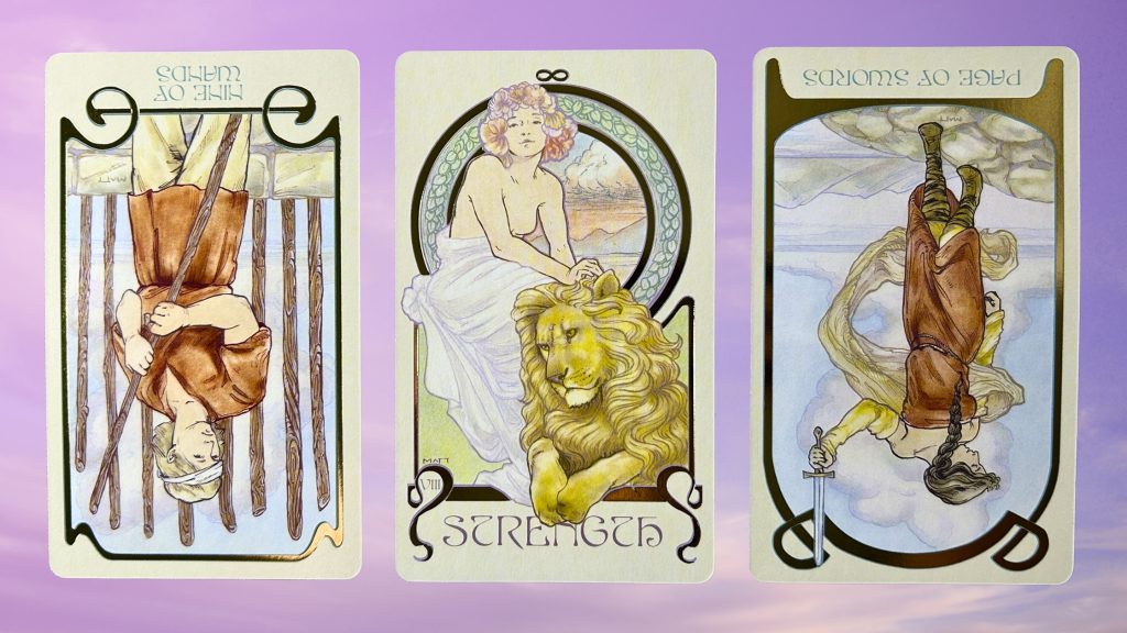 Cards from the Ethereal Visions Illuminated Tarot deck: nine of wands, strength, and page of wands