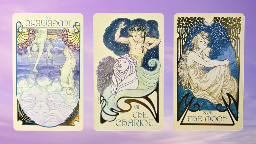 Cards from the Ethereal Visions Illuminated Tarot deck: Judgement, The Chariot, and The Moon