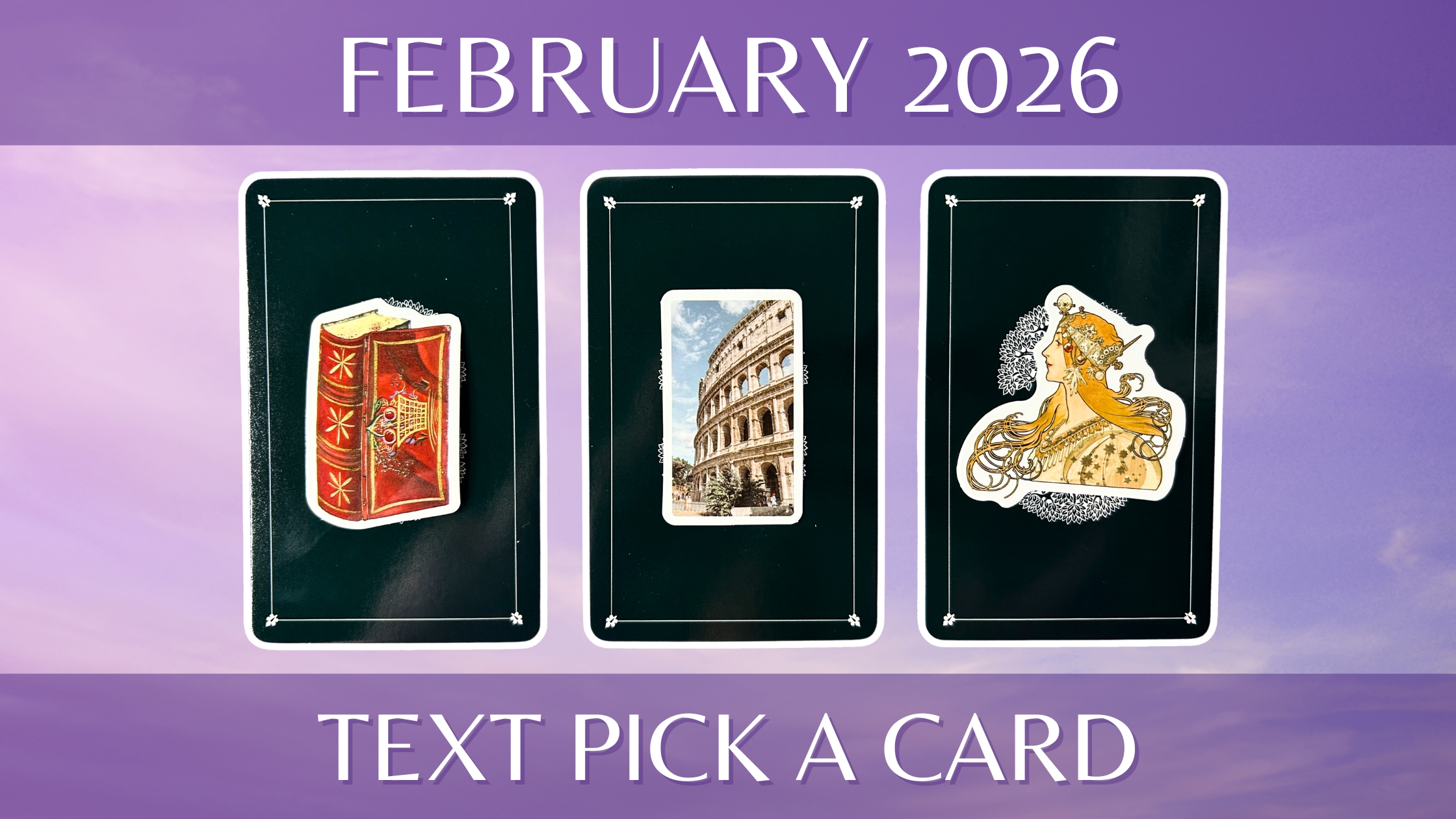 Three tarot pick a card piles on february 2026: pile 1 - book, pile 2 - colosseum, and pile 3 - lady