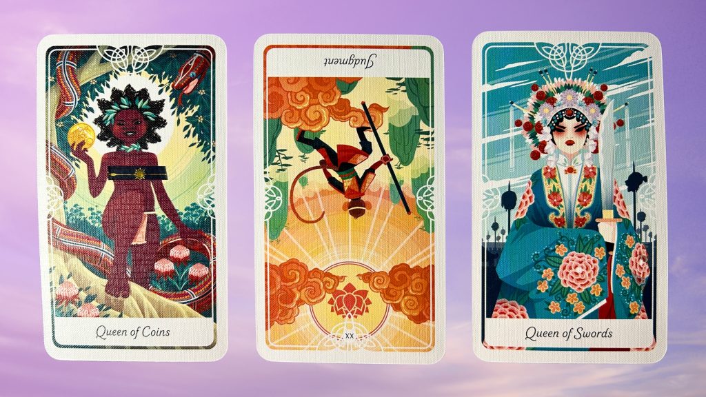 Cards from the Tarot of the Divine: Queen of Coins, The High Priestess, and Queen of Swords